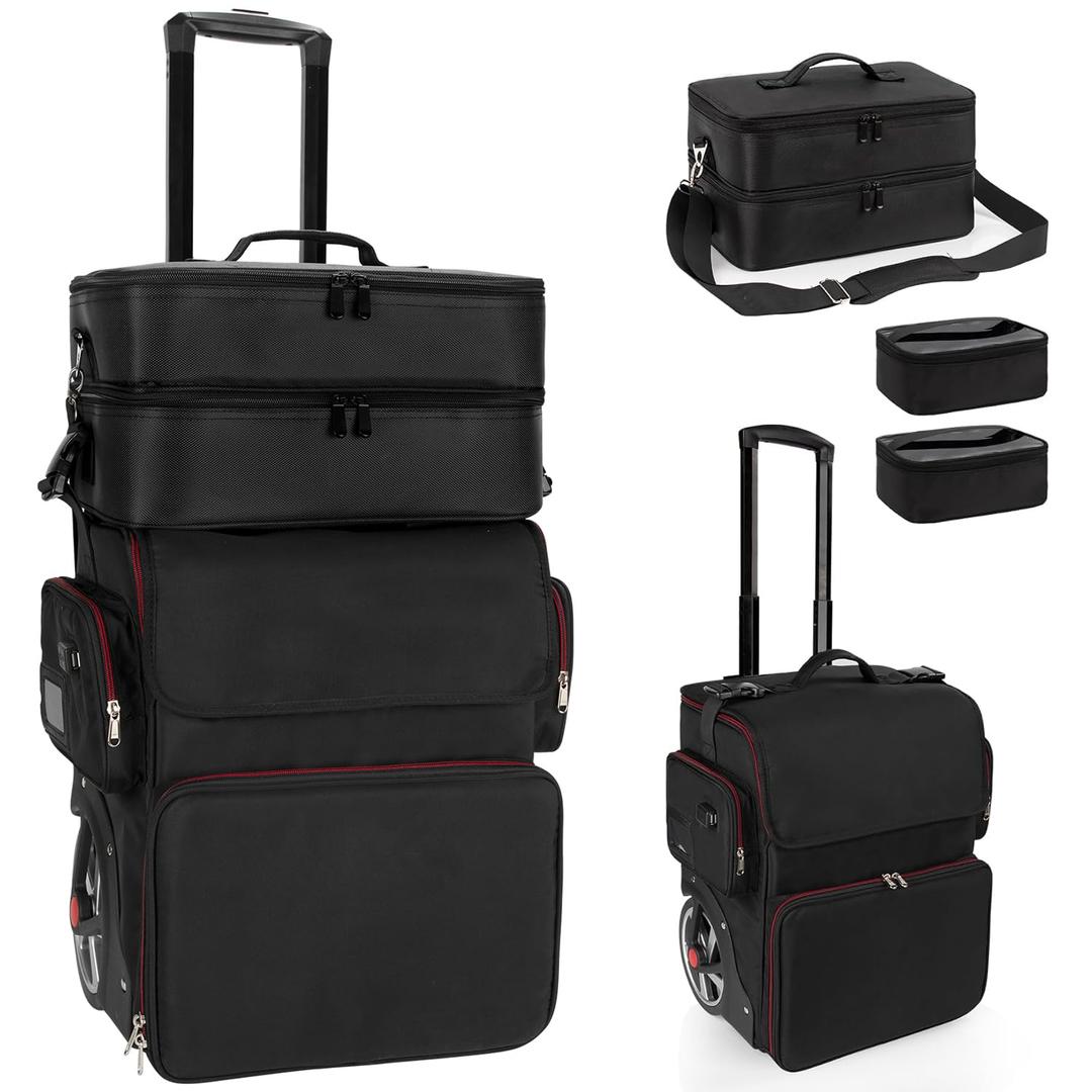 Large Makeup Train Case with a Large Makeup Travel Bag for Hairstylist, Hairdresser Bag with Detachable Pouch,Heat Insulation and Anti-scalding Full layer for Hairdressing Tool Organizer, Big wheels