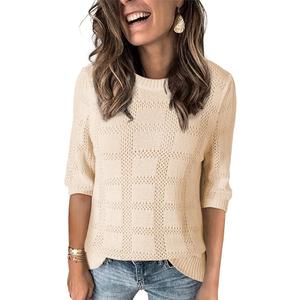 Dokotoo Women's Casual Short Sleeve Loose Tunic Tops Lightweight Crochet Knit Summer Sweaters Blouses (Color: Apricot, Size M)