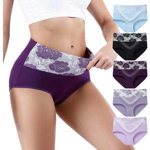 Honzadar Women's Cotton Underwear with Tummy Control & High Waist, 5-Pack Full Coverage Briefs (4X-Large Plus)