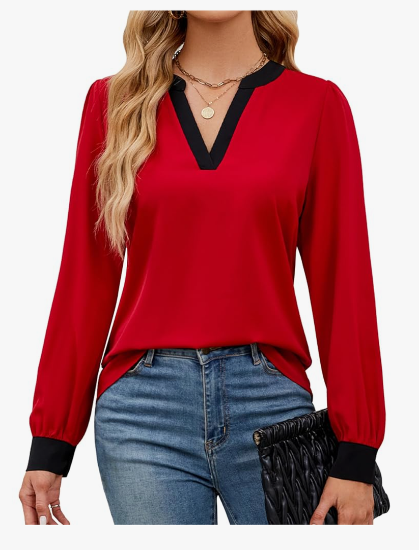 Womens Work Blouse Dressy Business Casual Tops Long Lantern Sleeve V Neck Office Fall Shirt, Size M