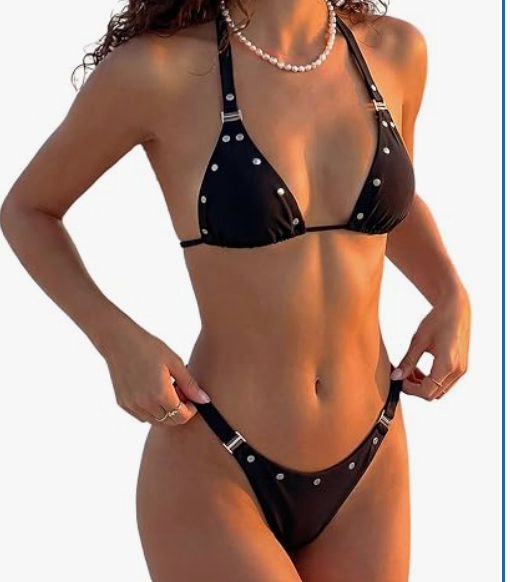 WDIRARA Women's 2 Piece Swimsuit Rivet Halter Triangle Thong Bikini Set High Cut Bathing Suit, M