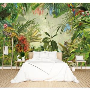 Tropical Botanical Animal Floral Bird Wallpaper Woodland Forest Tree Nursery Kids Bedroom Plant murals Living Room tv Background Large wall Mural - 91"x65" Not Peel and Stick