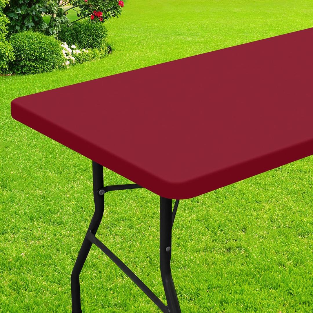 Smiry Rectangle Picnic Table Cloth, Waterproof Elastic Fitted Tablecloths for 6 Foot Tables, Washable Polyester Table Cover for Camping, Indoor and Outdoor (Wine Red, 30"x72")