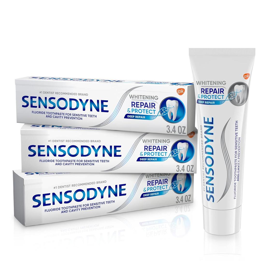 Sensodyne Repair and Protect Whitening Toothpaste, Toothpaste for Sensitive Teeth and Cavity Prevention, 3.4 oz (Pack of 3), BBD : 2026/07