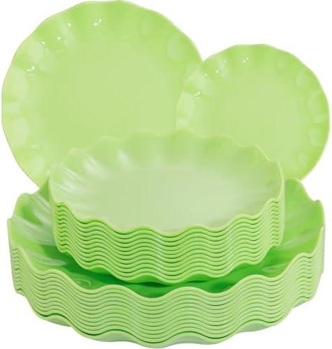 LIYH 24pcs Green Plastic Plates Reusable Unbreakable Dinner Plates Scalloped Plate Microwave & Dishwasher Safe Plate Sets Perfect for Parties Birthday Picnics(12guests)
