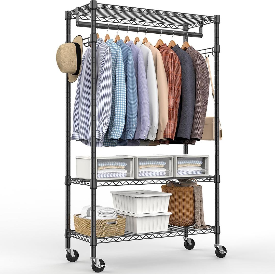Heavy Duty Rolling Garment Rack 3 Tiers Adjustable Wire Shelving Clothes Rack with Rods and Side Hooks,Storage Closet Clothing Rack with Wheels Black 15.7" D x 29.5" W x 74.5" H (3 Tier with 1 rod, 15.7"D x 29.5"W x 74.5"H)