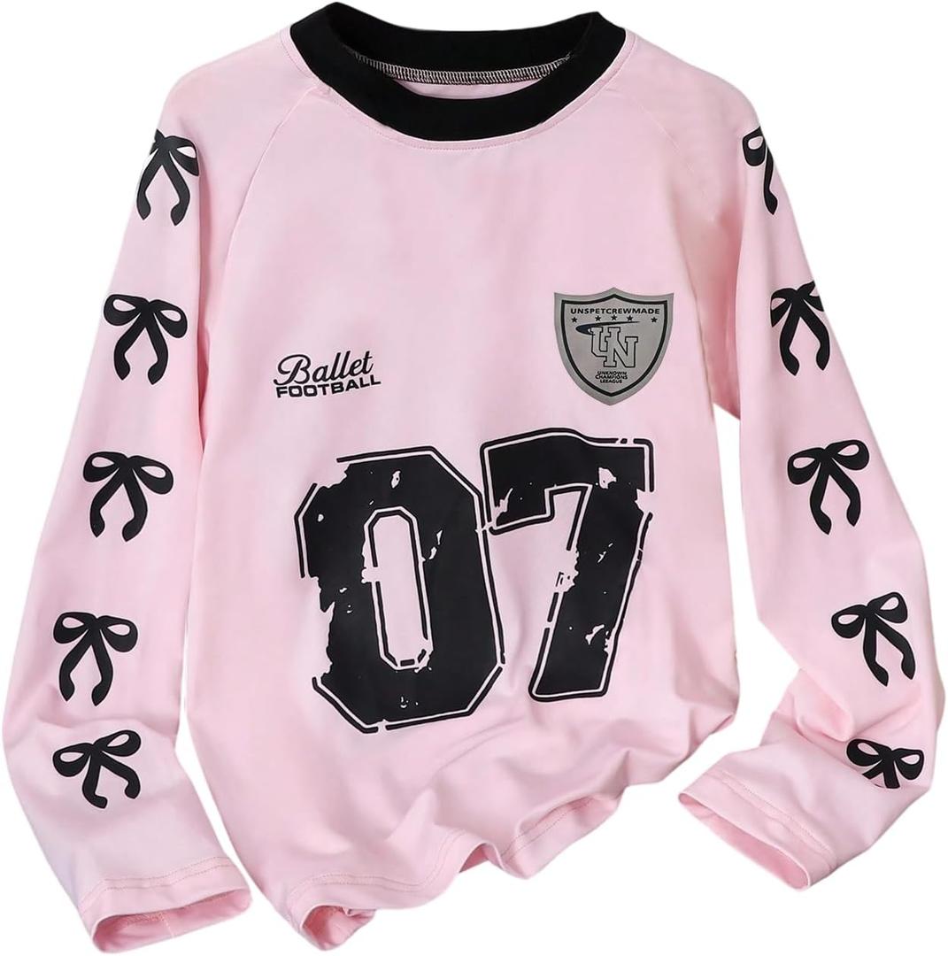 RoseSeek Girl's Jersey Bowknot Graphic Number Print Tees Long Sleeve Crew Neck Shirts Cute Tee Tops Streetwear Pink 12Y