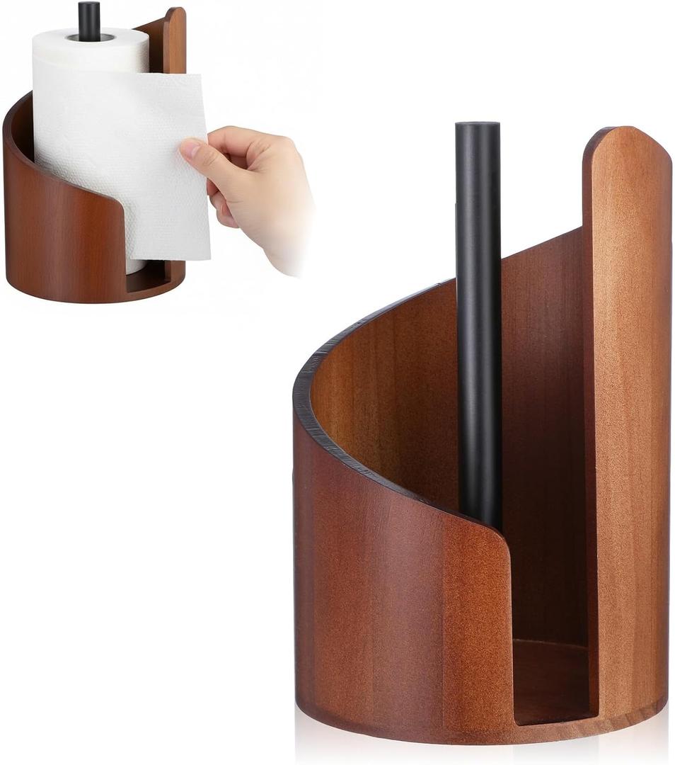 Paper Towel Holder, Natural Mango Wood Countertop Stand for Jumbo Rolls with Wood Round Base and Iron Holder Wooden Paper Towel Holder for Kitchen Dining Table Home Decor, Fits Small Rolls