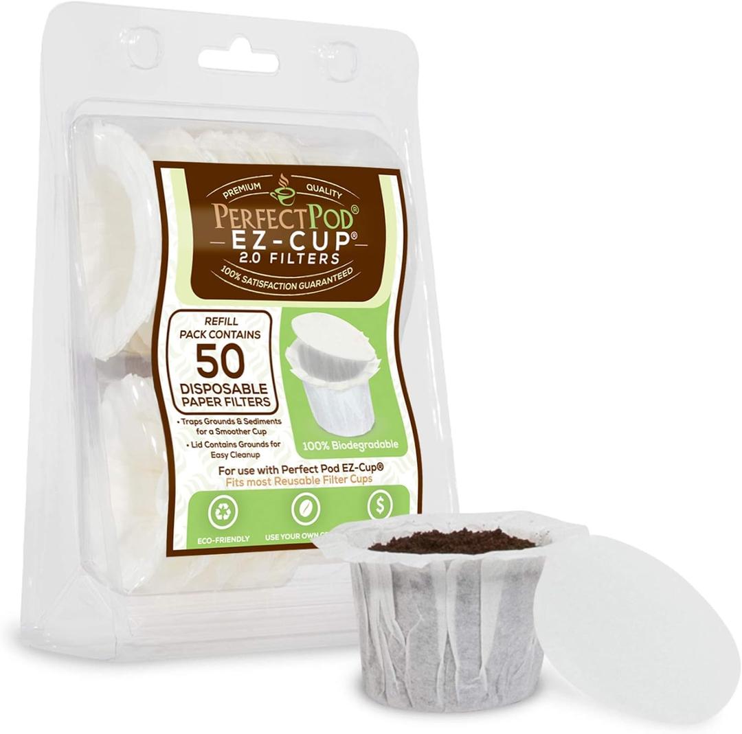 Perfect Pod EZCup Disposable Paper 2.0 Filters with Patented Lid Design for Reusable Coffee Pods 1 Pack (50 Filters)