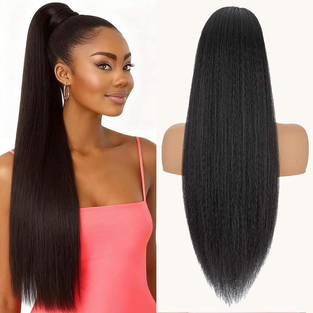 Drawstring Ponytail Extension for Women, 30 Inch Long Yaki Straight Pony Tails Hair Hairpiece Clip in Extensions Natural Looking Soft Synthetic Drawstring Ponytail for Black Women, Natural Black