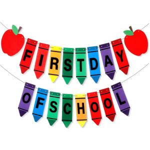 First Day of School Crayon Banner for Back with School Garland Decorations Crayons Pencils Felt Bunting Banners for Classroom Decorations Party Supplies