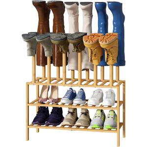 Boot Rack with Shoe Rack, Boot Rack Organizer Tall Boots for Closet, Bamboo Wood Shoe Shelf Storage Organizer for Entryway Small Space (Large, Natural)