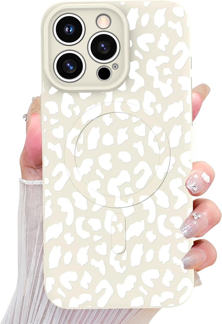 OOK Magnetic for iPhone 15 Pro Max Case, Silicone White Leopard Cute Pattern, Compatible with MagSafe Cheetah Print Camera Protection Shockproof Slim Phone Case for 6.7inch, White