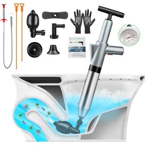 Jojnawa High Pressure Toilet Plunger, Toilet Snake Air Drain Blaster with Real Time Barometer, Heavy Duty Drain Clog Remover for Bathroom, Floor, Shower, Kitchen Clogged (GeryManual)