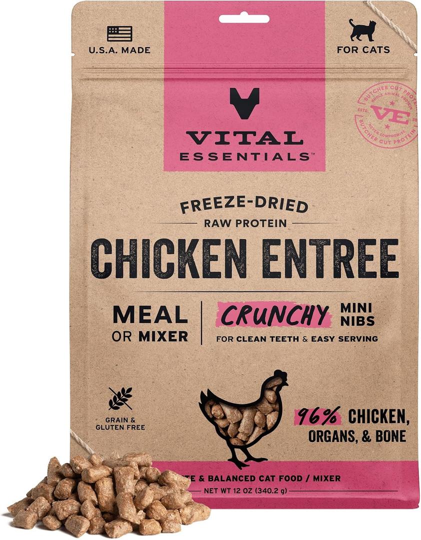 Vital Essentials Freeze Dried Cat Food, Raw Chicken Crunchy Mini Nibs | Complete Meal or Topper | 96% Chicken, Organs & Bone | Limited Ingredient, High Protein, Grain Free Dry Cat Food | 12 oz Bag (EXP 04/18/27)
