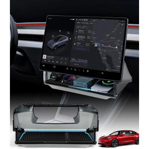 Hidden Under Screen Storage Box for 2016-2026 Tesla Model 3/Y & Model 3 Highland with Silicone Anti-Slip Mat Easy Install Hidden Design Center Console Organizer Tray