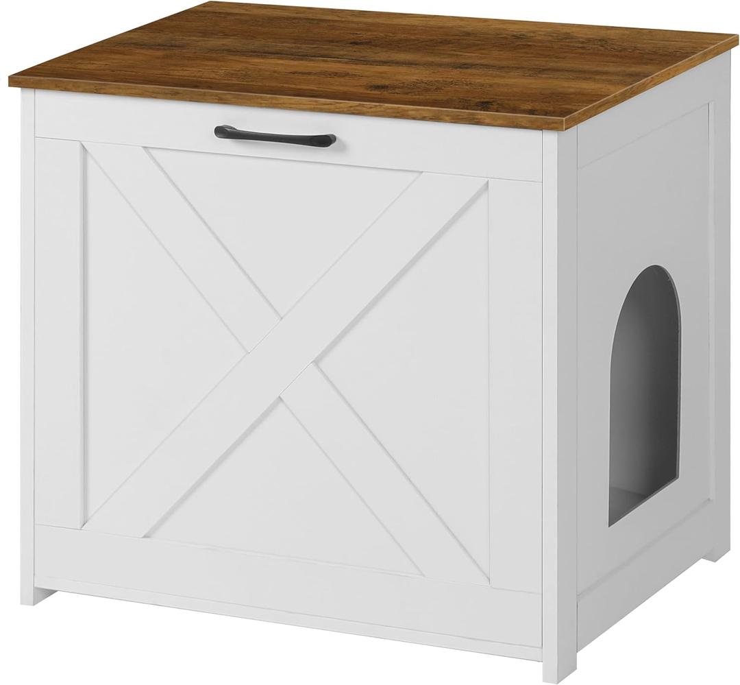 Dwanton Cat Litter Box Furniture Hidden, Cat Litter Box Enclosure, Reversible Entrance Can Be on Left or Right Side, Indoor Cabinet, Wooden Washroom, End Table, White and Warm Brown, 23.6" L (23.6 x 19.7 x 21.7 Inches)