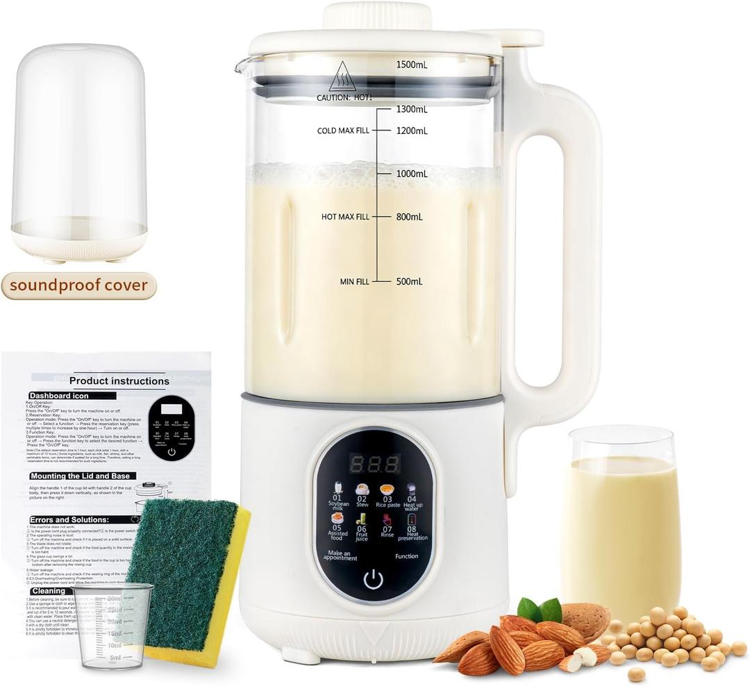 35oz 8 in 1 Nut Milk Maker Machine with Silence Hood for Homemade Soy milk, Almond milk, Oat milk, Plant Based, Juice - No Burning Bottom, Automatic Clean & Delay Start