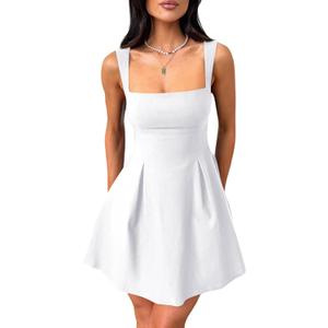 YMDUCH Women's Sexy Sleeveless Square Neck Adjustable Straps Bow Tie A-line Mini Party Club Dress White Small