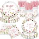 Baby in Bloom Baby Shower Decorations Tableware - 144pcs Baby in Bloom Plate and Wildflower Napkins, Floral Spring Themed for Wildflower Baby Shower Decorations Supplies (Pink)