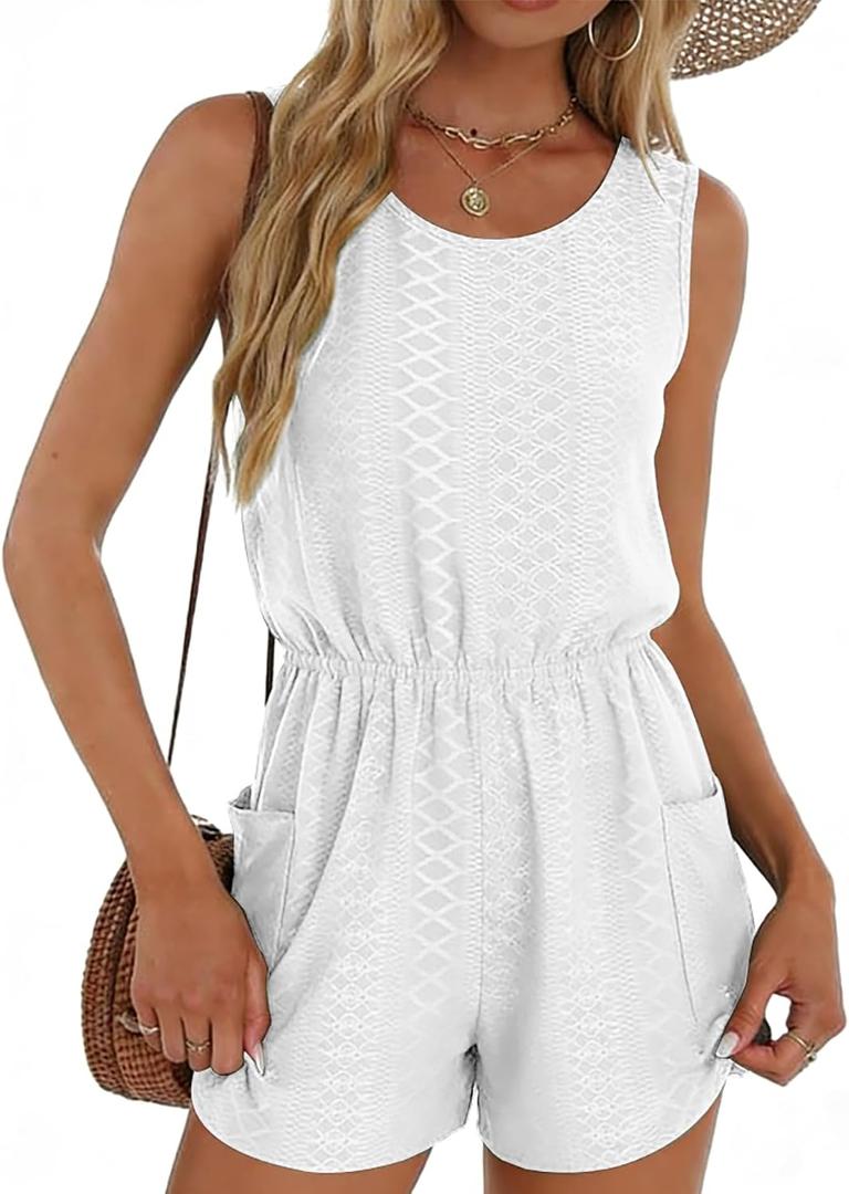 BOMYTAO Womens Sleeveless Romper Eyelet Elastic Waist with Pockets Casual Short Pants Jumpsuit Summer Beach Vacation Outfit (White, L)