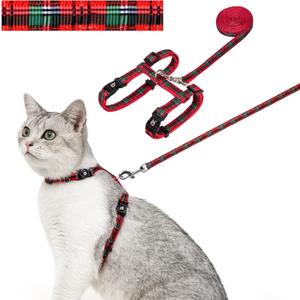 azuza Cat Harness and Leash Set for Safe Walking, Escape Proof, Soft and Comfortable, Adjustable Kitten Harness for Small Medium Large Cats, Christmas Plaid, Neck Girth: 7"-10", Chest Girth: 10"-17"