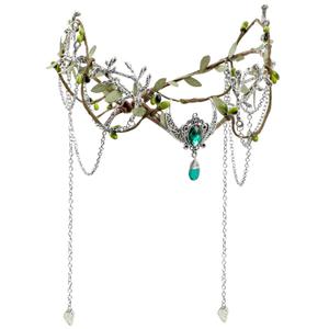 MOSTORY Woodland Fairy Headpiece for Women - Green Elf Crown with Tassel for Medieval Fairy Costume Renaissance, Floral Circlet for Fairycore Cosplay Renfaire Photo Shoot Viking Aesthetic