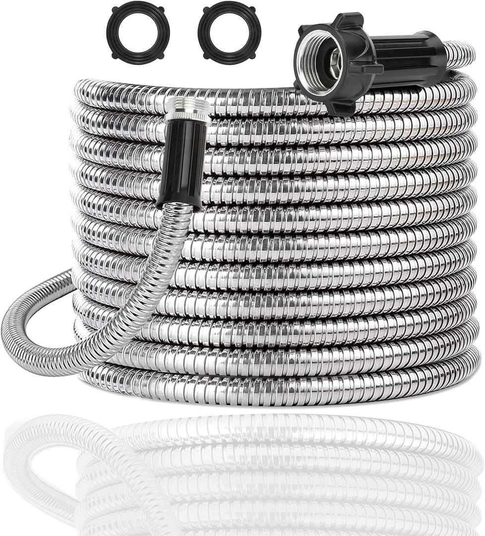 Yanwoo 304 Stainless Steel 15 Feet Garden Hose with Female to Male Connector, Water Hose, Metal Hose, Outdoor Hose (15ft)