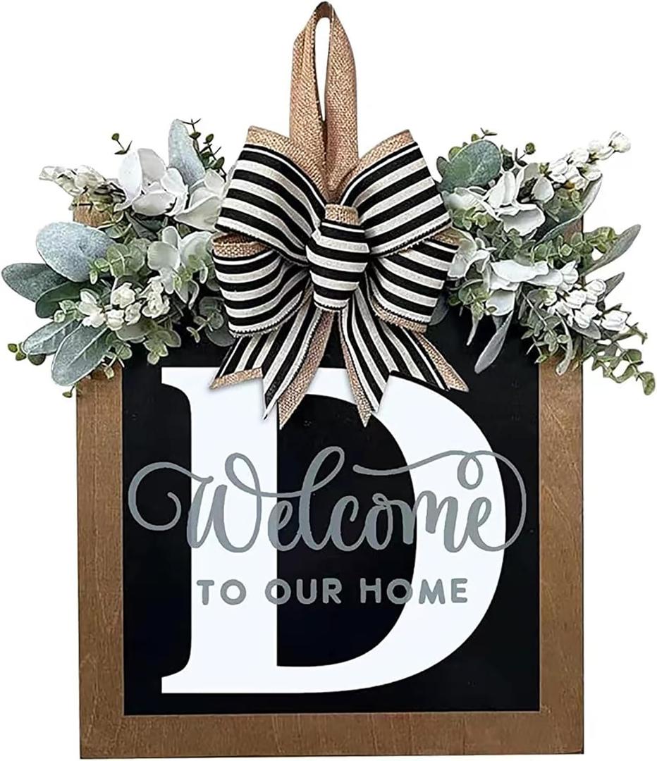 Last Name Year Round Front Door Wreath Front Porch Decoration 26 Letter Welcome Sign with Eucalyptus Garland and Bow Spring Wreaths for Front Door Outside Hanger Garland (D)