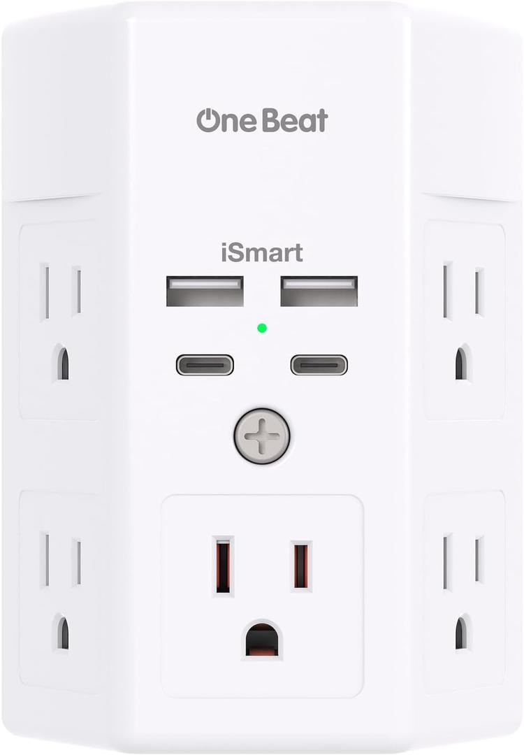 Multi Plug Outlet, Surge Protector, 5 Outlet Extender with 4 USB Charging Ports (2 USB C), USB C Wall Charger, 3-Sided 1800J Power Strip Outlets Splitter Wall Plug Adapter Spaced for Dorm Home Office (White)
