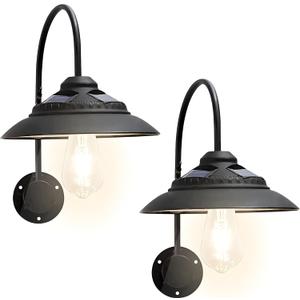 Goodeco Solar Barn Lights for Outside - Metal Design Outdoor Lights with Motion Sensor, 4 High Efficiency Solar Panels and one Clear Glass LED Edison Bulb, Chicken Coop Lights & More (Black 2P)