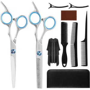 10-Piece Hair Cutting Scissors Kit - Professional Set with Thinning Scissors, Comb, Cape, Clips, Leather Bag for Barber, Salon, Home (Blue)