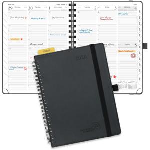 POPRUN 2026 Planner (Medium - 6.5'' x 8.5'') with Hourly Schedule & Vertical Layout - 2026 Weekly Calendar (Jan. 2026 - Dec.2026) for Time Management, Monthly Tabs, Spiral Bound, Soft Cover - Black