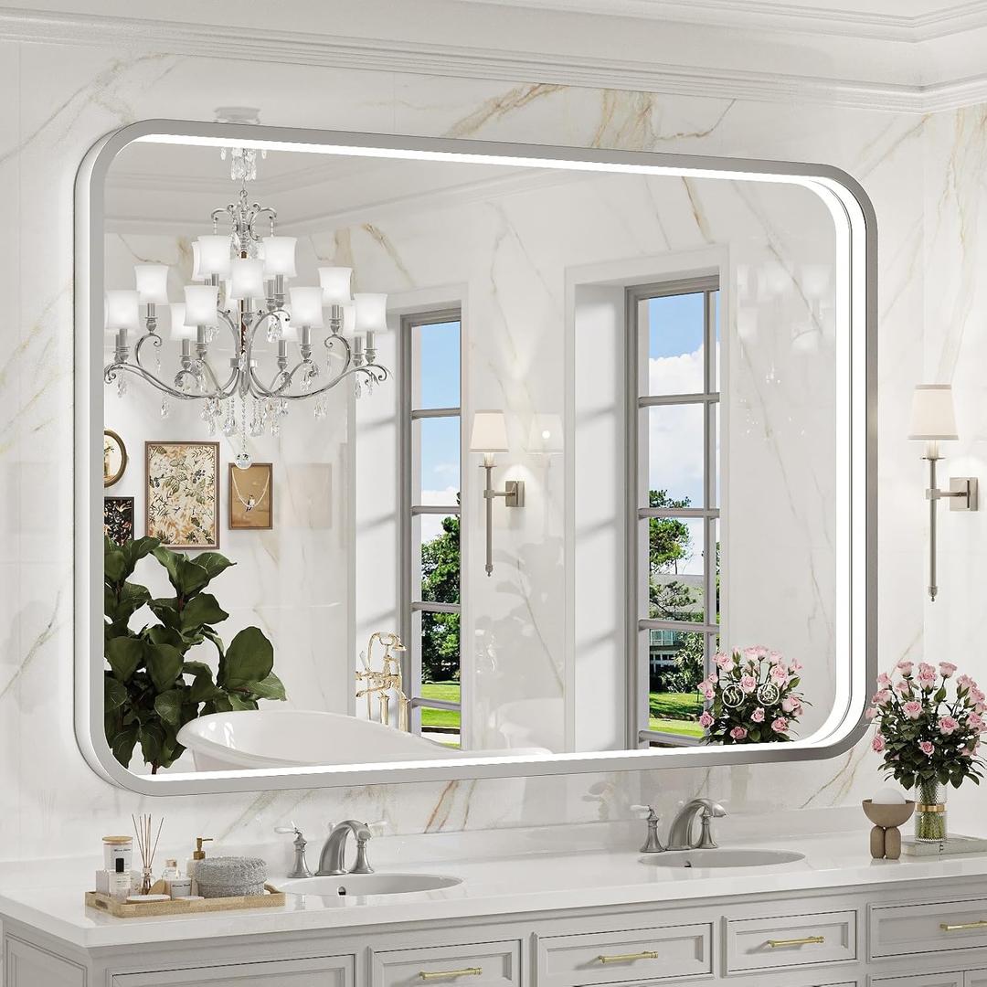 40x30 Inch LED Mirror for Bathroom,Brushed Sliver Metal Frame Lighted Vanity Mirror,Anti Fog Stepless Dimmable,Light Up Wall Mounted Mirror(Horizontal/Vertical) (Silver)