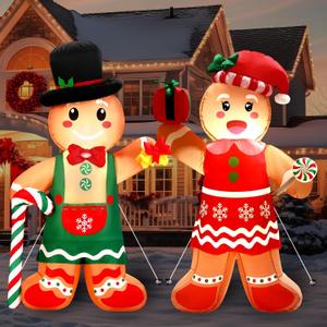Leyndo 2 pcs 5 FT Christmas Inflatable Gingerbread Man Outdoor Decorations, Giant Gingerbread Blow Up Yard Decorations with Build-in LEDs for Christmas Outdoor Yard Garden Lawn Decor