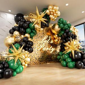 FOTIOMRG Green and Gold Black Balloon Arch Kit with 3pcs Star Balloon, Emerald Forest Dark Green Black Metallic Gold Balloons for Birthday Football Graduation Wedding New Years Party Decoration