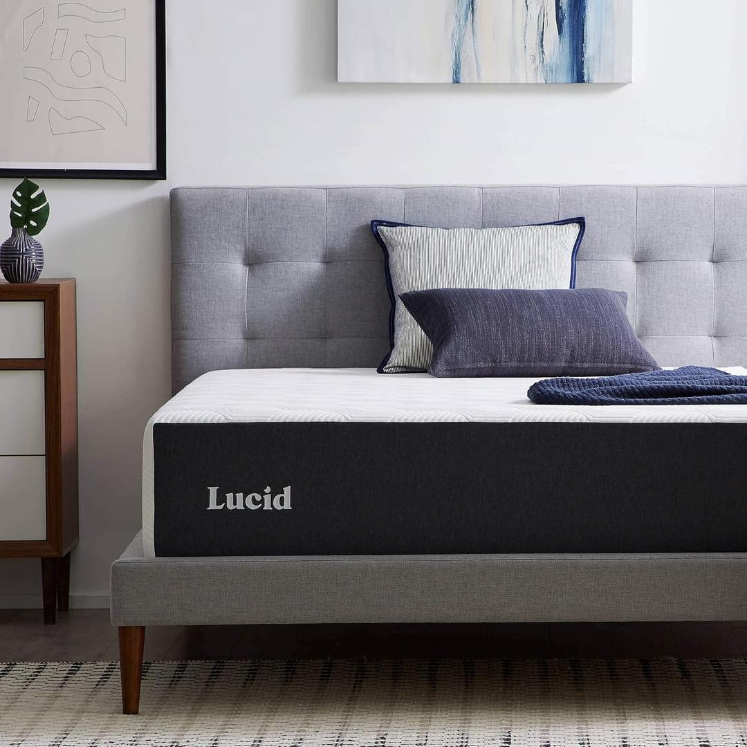 LUCID 14 Inch Memory Foam Mattress - Plush Feel - Memory Foam Infused with Bamboo Charcoal and Gel - Temperature Regulating - Pressure Relief - Breathable - Premium Support - Queen Size, White