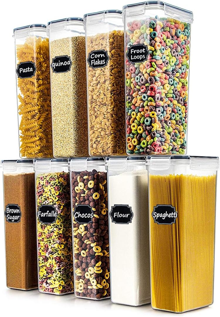 Wildone Airtight Food Storage Containers Set of 9 BPA Free Cereal & Dry Food Storage Containers 2.8L / 11.83 cups for Sugar, Flour, Snack, Baking Supplies, with 20 Chalkboard Labels & 1 Marker (Black)