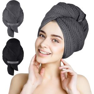 HOMEXCEL 2 Pack Large Microfiber Hair Towels Waffle Weave- 40 x 26.5 inches Fast Drying Turbans for Long, Thick, Curly Hair - Anti Frizz Wrap with Elastic Strap, Black/Grey