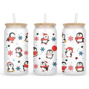 Cute Penguin Christmas Glass Cup - 16Oz Frosted Tumbler for Iced Coffee or Beer - Gift for Friend
