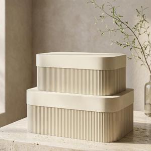 Decorative Storage Boxes with Lids  Set of 2 Beautiful Fluted Cardboard Organizer Bins for Your Home Bookshelf Decor to Safely Store Your Documents, Memory Box Items and Other Keepsakes in Style (Beige)