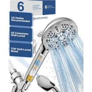 HOPOPRO 7-Setting Handheld Shower Head with Built-in Power Wash, Polished ABS Chrome, 71-Inch Stainless Steel Hose, 360 Rotatable Brass Overhead Bracket, Anti-Leakage Teflon Tape