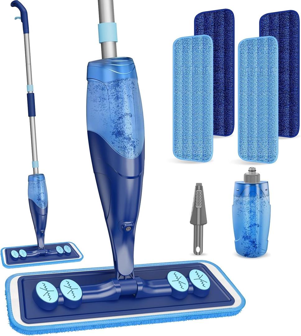 Microfiber Hardwood Floor Mop - Wet Dry Spray Mop with 4 Washable Pads for Tile Wood Laminate Vinyl Marble Home Kitchen - 500+ ML Refillable Bottle Dark Blue