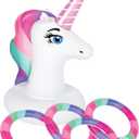 Unicorn Ring Toss Pool Toys - Inflatable Unicorn Party Decorations with Unicorn Base and 4 Toss Rings Summer Pool Float Party Decor - for Kids 3 Years Old and Up