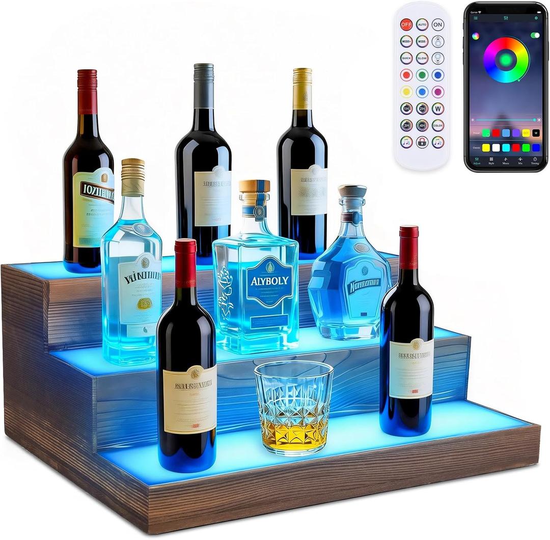 3 Tier Wine Rack with Light LED Liquor Bottle Display Case Acrylic Illuminated Bar Bottle Display Shelf RGB Lighting for Home Commercial Bar Party by Wood