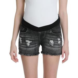 Foucome Maternity Jean Shorts Wide Elastic Band Maternity Shorts for Women Denim (Washed Black, S)