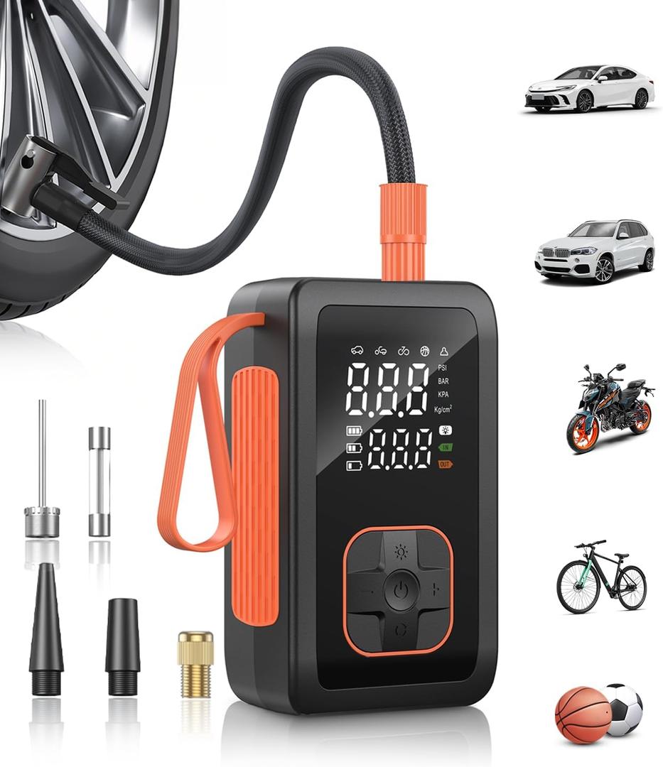 Hafuloky Tire Inflator Portable Air Compressor - 150PSI & 15000mAh Dual Power (Cordless & 12V DC) Car Air Pump, 3X Faster 36L/Min Electric Tire Pump with Digital Gauge, LED Light for Car, Bike, Ball