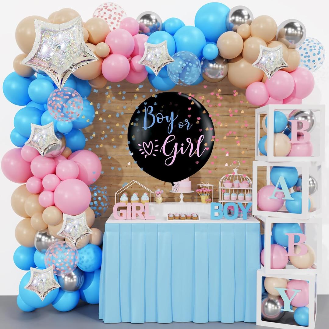 Amandir 164PCS Baby Boxes Gender Reveal Balloon Decorations, Pink and Blue Balloon Garland Kit 4pcs Boxes with Letters for Baby Shower Birthday Boy or Girl Gender Reveal Party Supplies