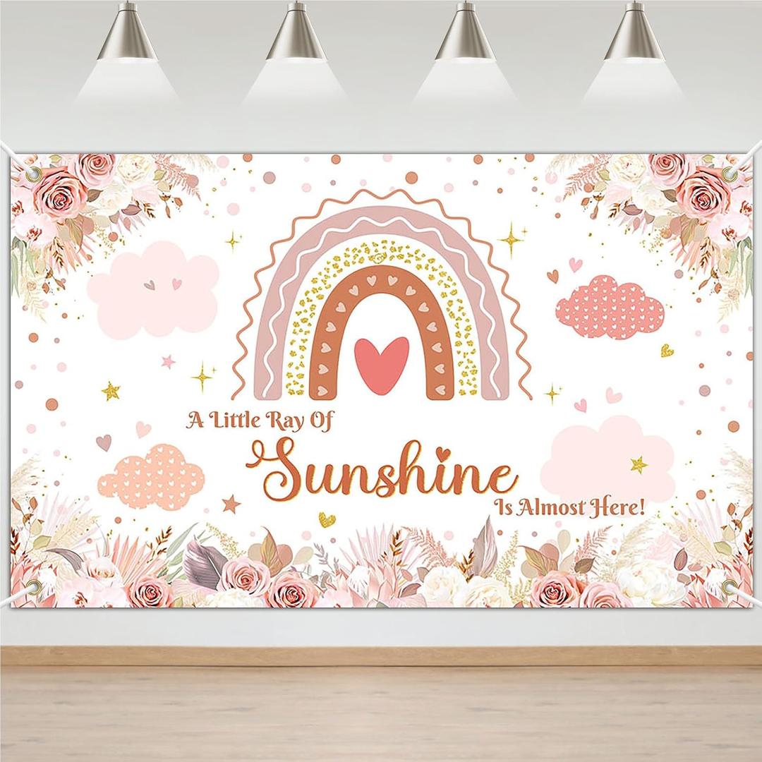 Avezano Boho Rainbow Baby Shower Banner for Girls - Boho Pampas Baby Shower Party Decorations - Pink - 70.8 x 43.3 Inch