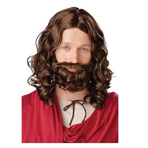 Men's Classic Jesus Dark Brown Wig and Beard Set  Long Curly Costume Hair and Full Beard  Biblical, Jesus, Saint, or Historical Character Cosplay Accessory One Size Fits All